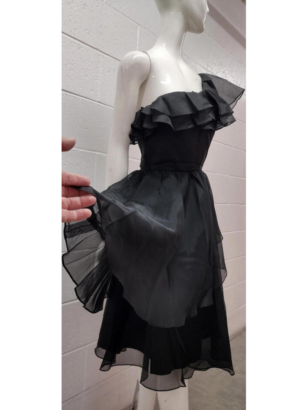 Vintage Off The Shoulder Black Sheer Disco Dress Belted Early 1980s SAMIR Size S - Picture 7 of 16